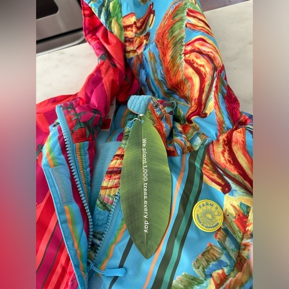 Farm Rio- NWT Multicolored Hooded Mix Scarves Printed Puffer Belted Ski Jacket - Picture 7 of 10